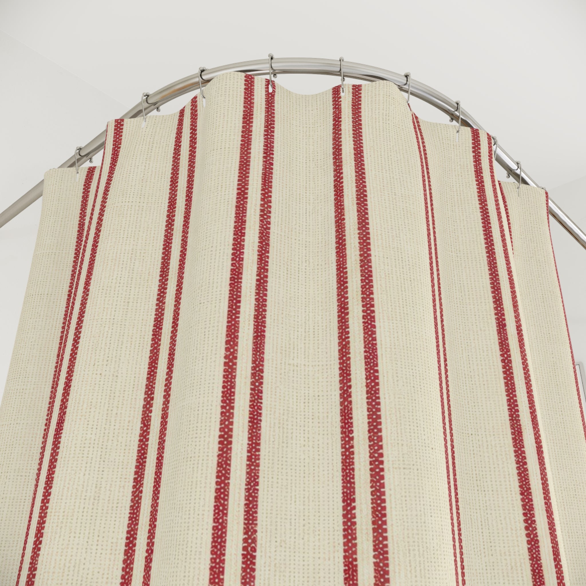 Red and White Double Ticking Shower Curtain: Farmhouse Stripe