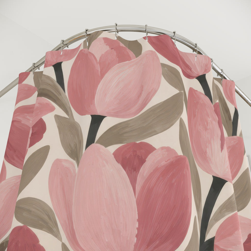 Blush tulips with taupe leaves on cream shower curtain with close-up print, hooks, and folds
