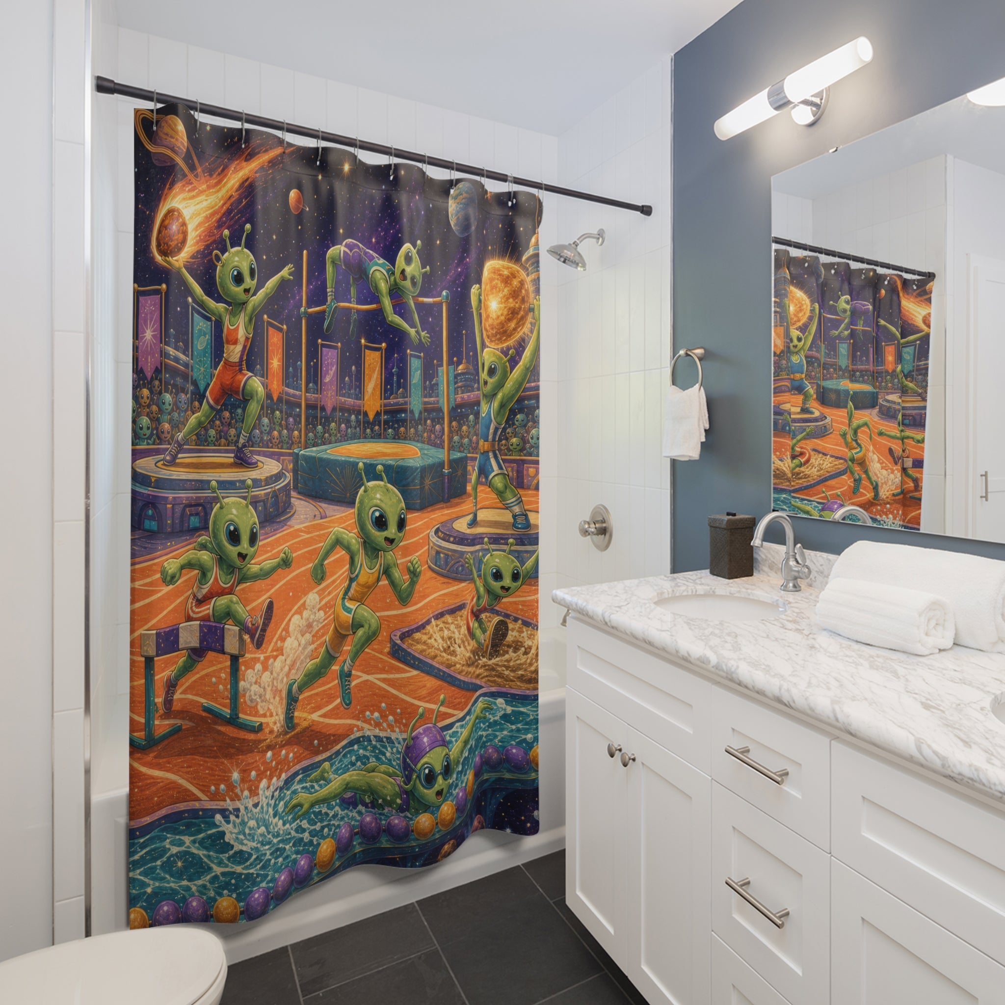 Unique Funny Alien Shower Curtain, Space Olympics Sports Art, Cosmic Stadium Bathroom Decor, Kids Wall Decor Guest Bath Gift For Home
