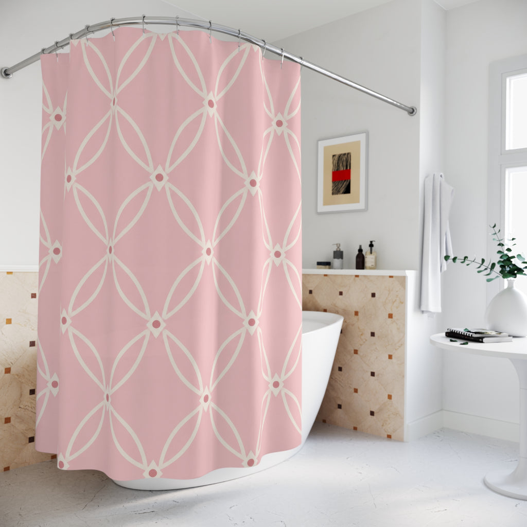 Ivory oval trellis on a light pink ground shower curtain beside a freestanding tub