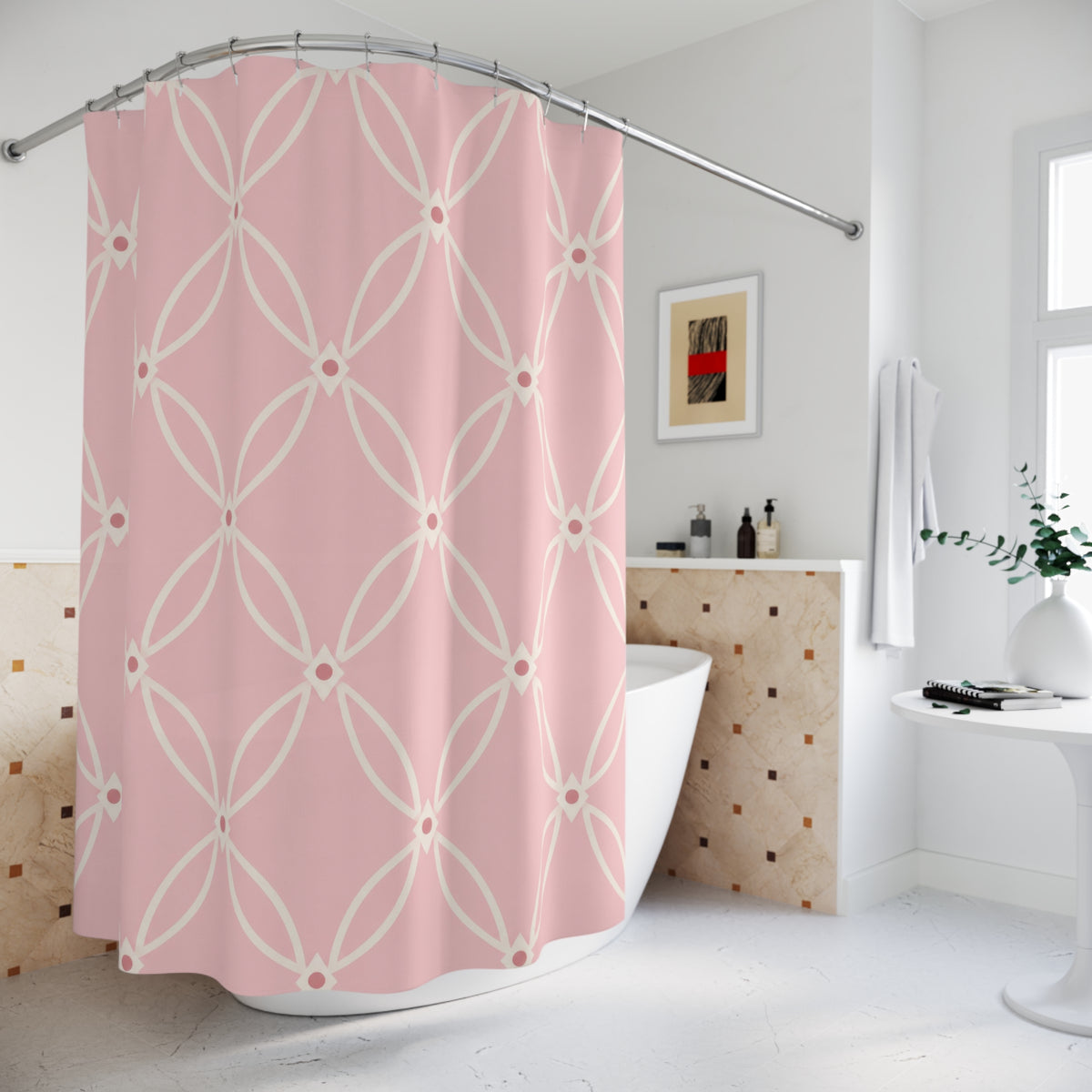 Ivory oval trellis on a light pink ground shower curtain beside a freestanding tub