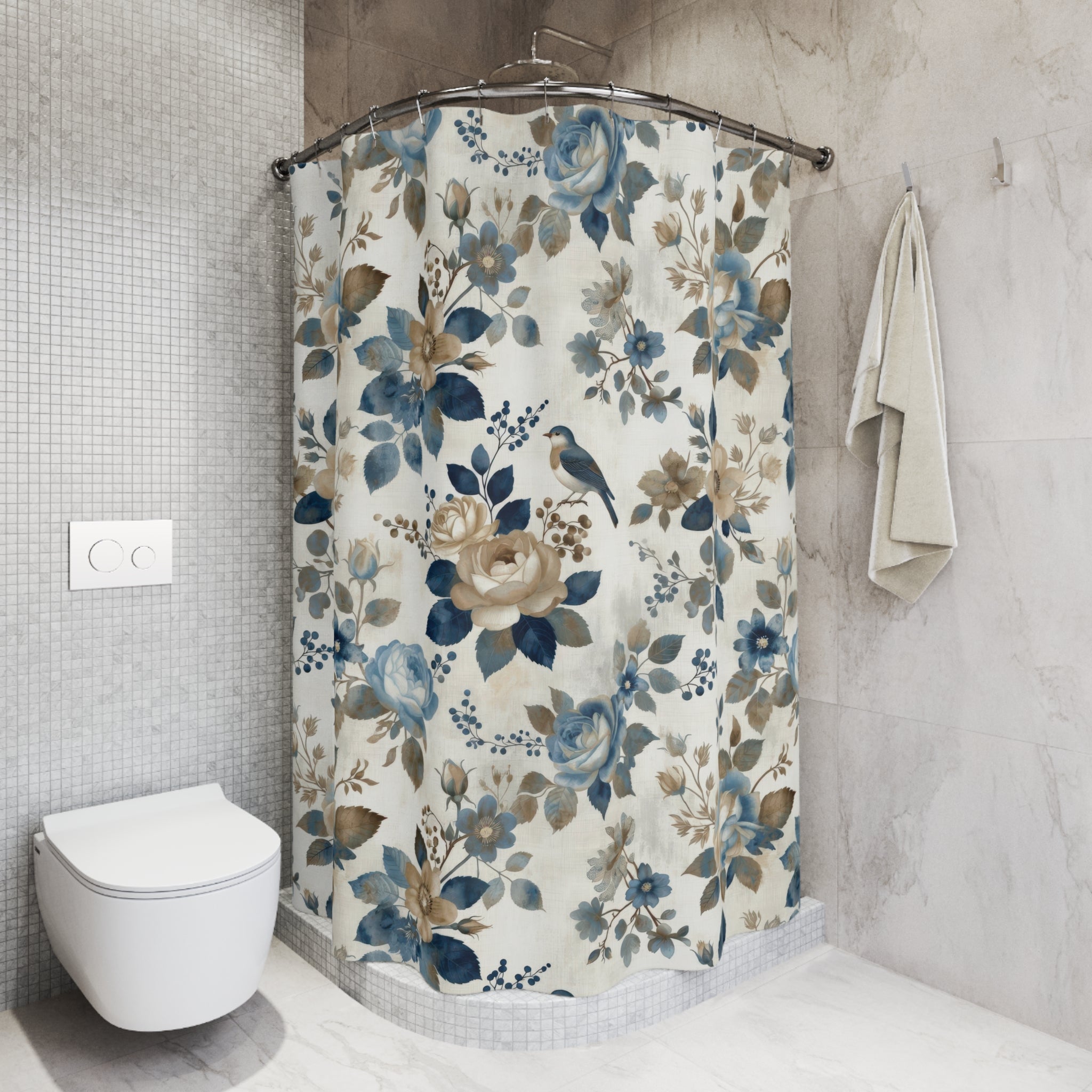 Floral Bird Shower Curtain — Blue and Beige
