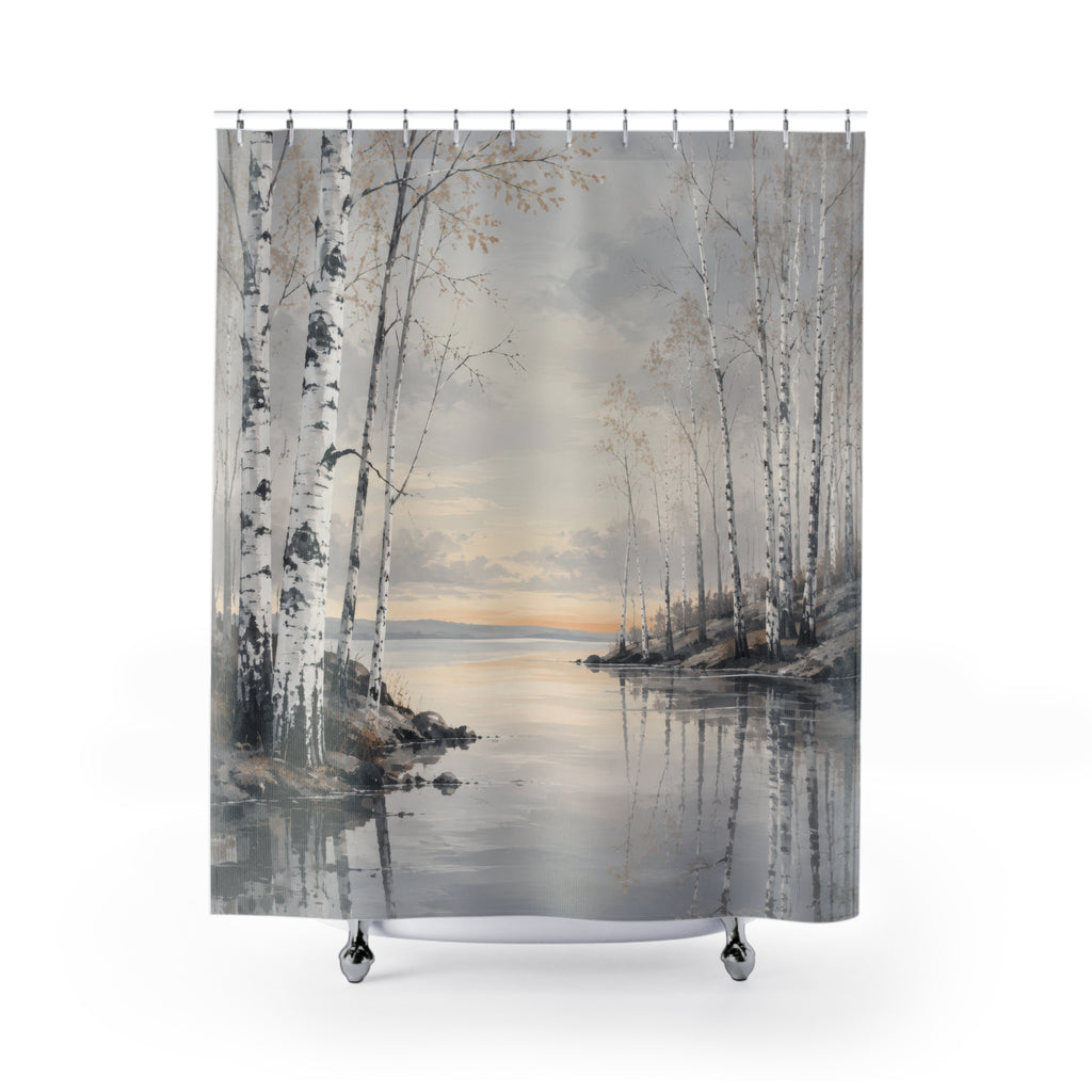 White birch trees beside a pearl-grey lake shower curtain with full front view