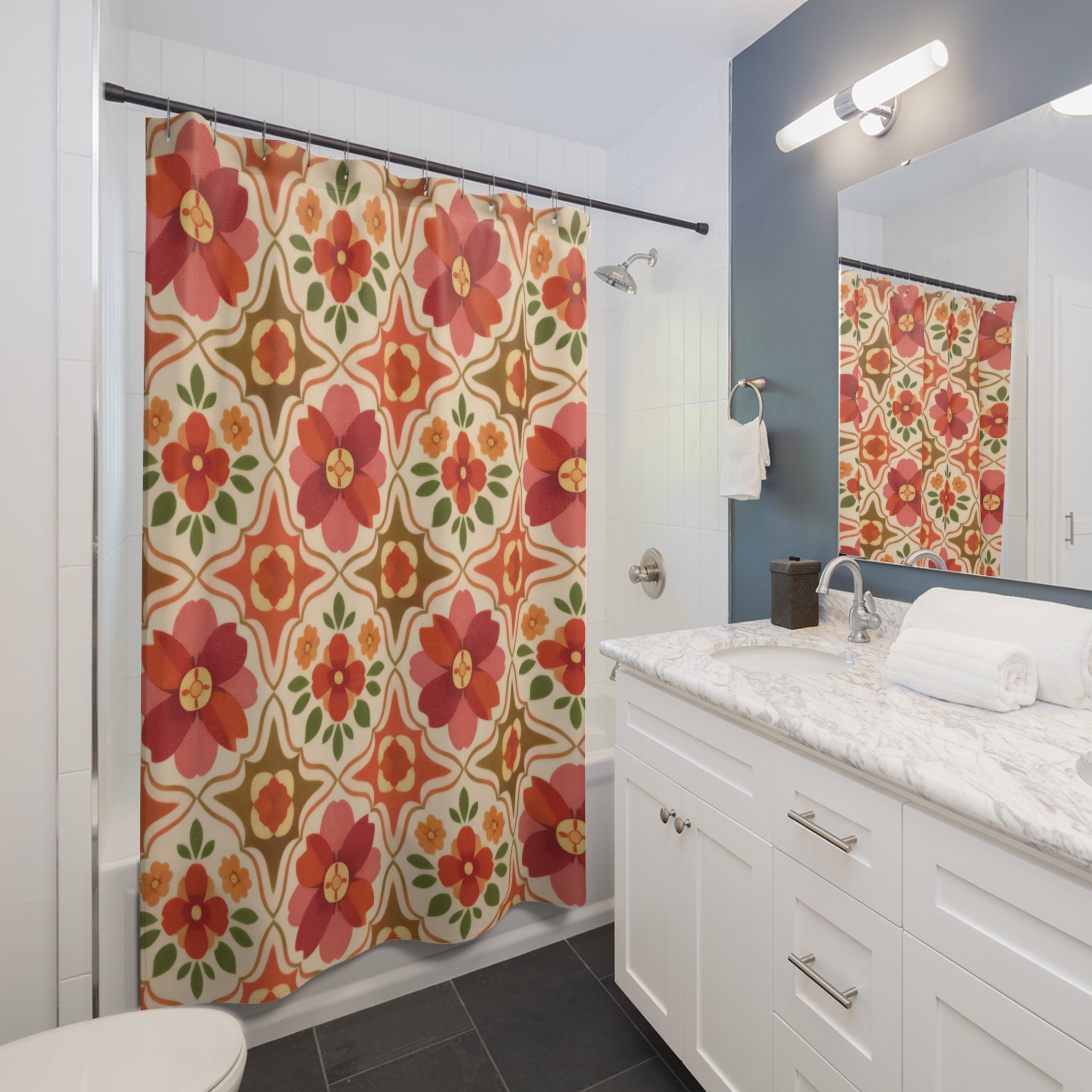 Retro Floral Tile Shower Curtain – Berry Pink & Coral