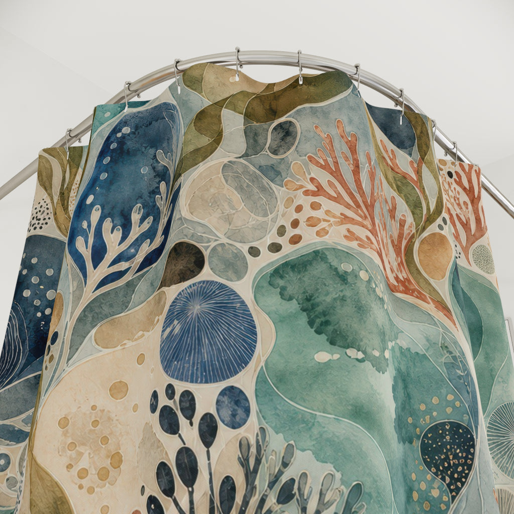 Ocean Pebble Shower Curtain, Teal Blue Coastal Bathroom Decor, Seaweed Abstract Bath Curtain, Guest Bathroom Decor, Beach Bath Decor