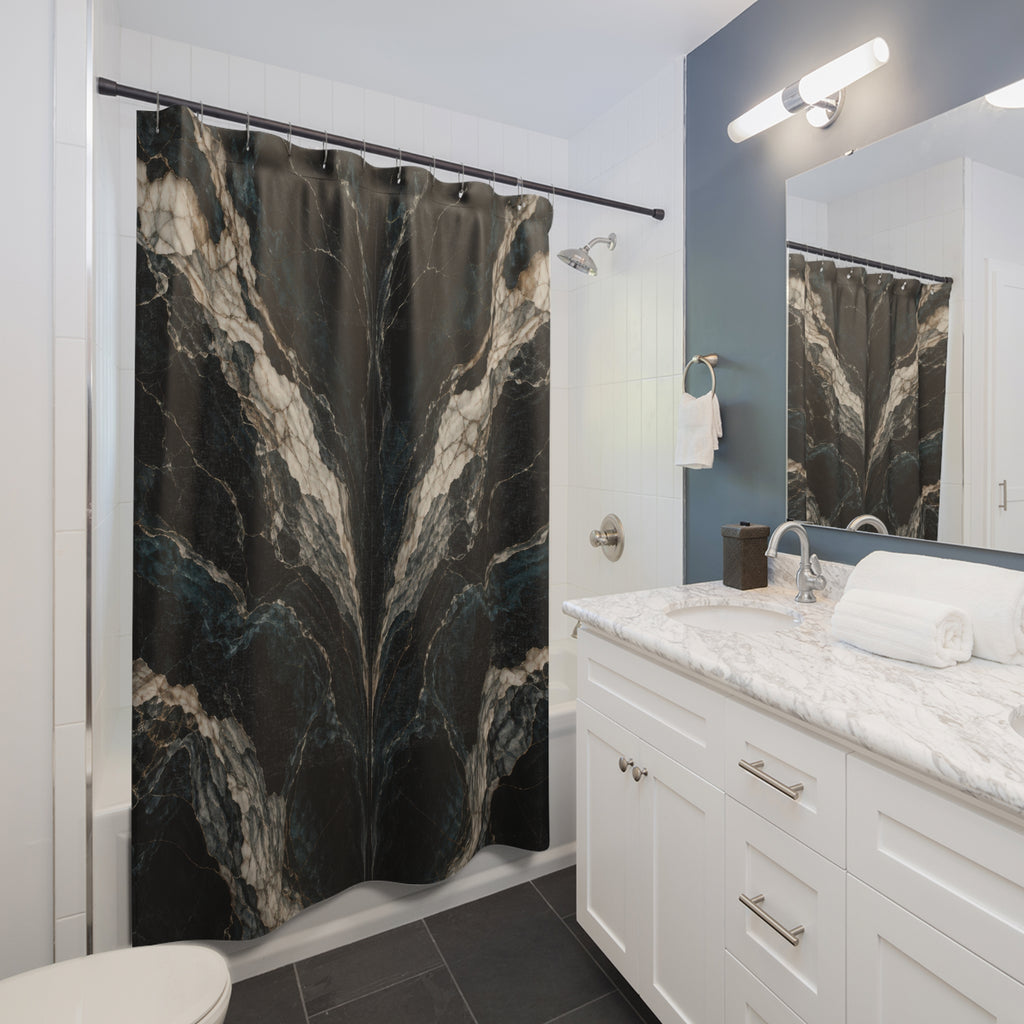 Mirrored cream marble veins on black and deep teal shower curtain beside a white vanity