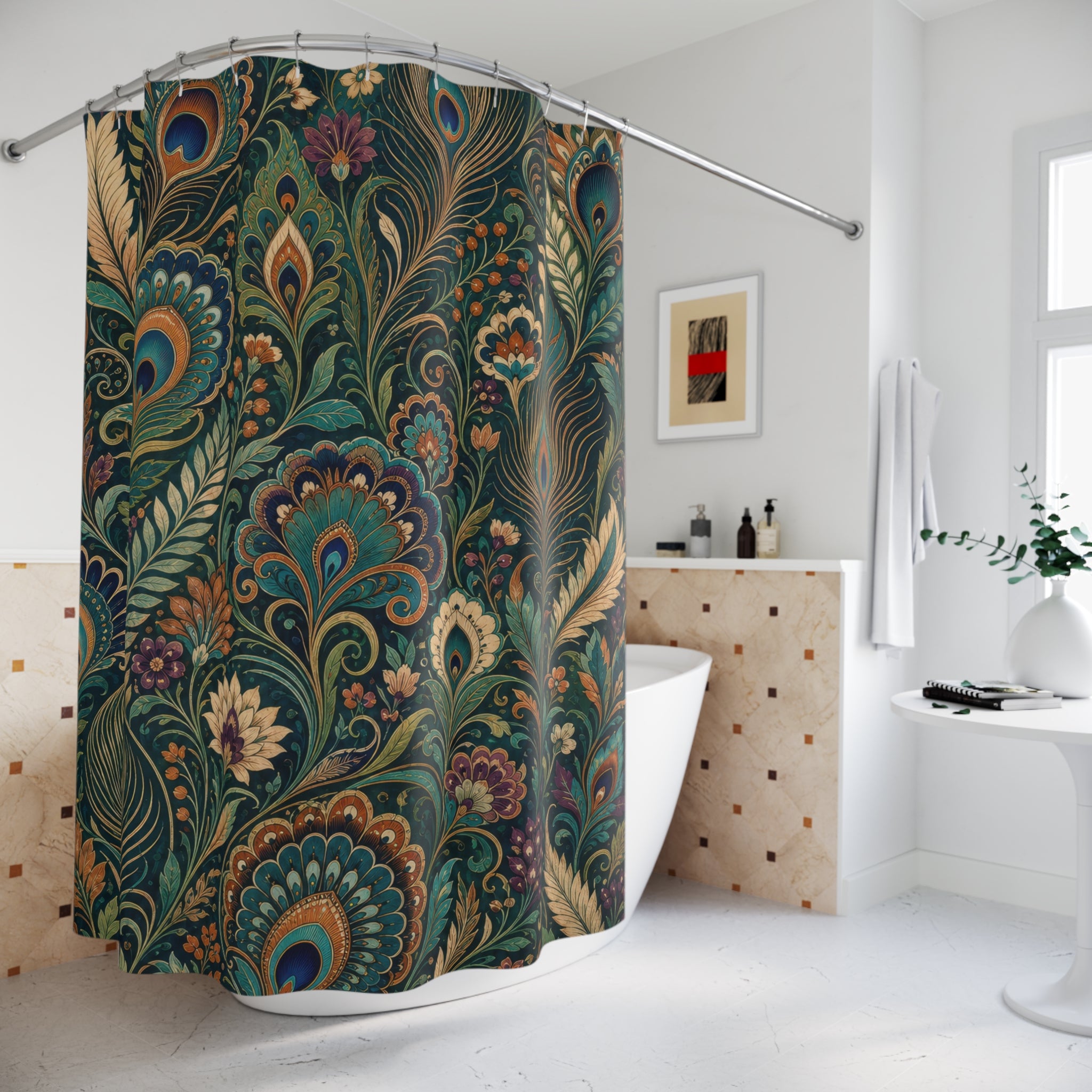 Unique Peacock Shower Curtain, Dark Green Feather Botanical Pattern, Teal Gold Maximalist Decor, Dramatic Guest Bath, Jewel Tone Style
