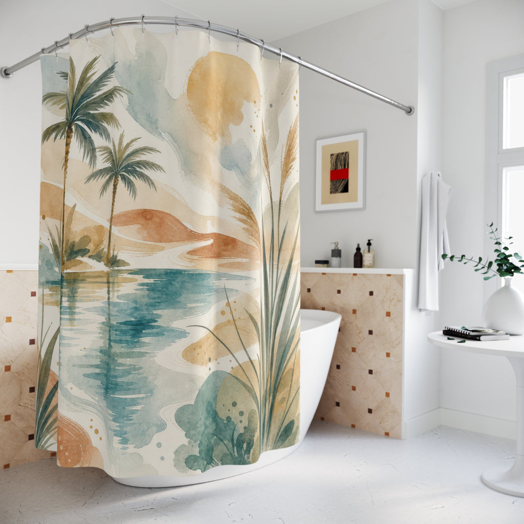 Desert Oasis Tropical Landscape Beige Black Shower Curtain