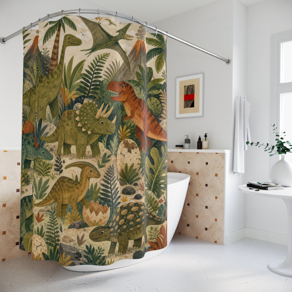 Dinosaur Jungle Shower Curtain, Prehistoric Kids Bathroom Decor, Volcano and Fern Bath Curtain, Boys Dinosaur Bathroom Art, Boys Bath Decor