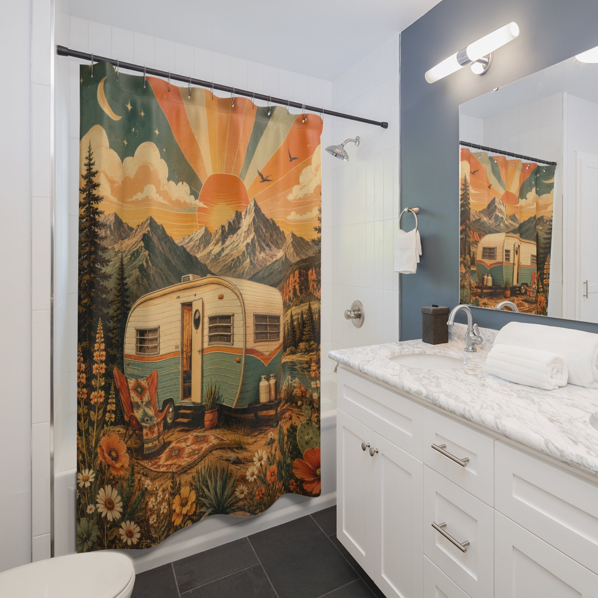 Retro Camper Mountain Shower Curtain