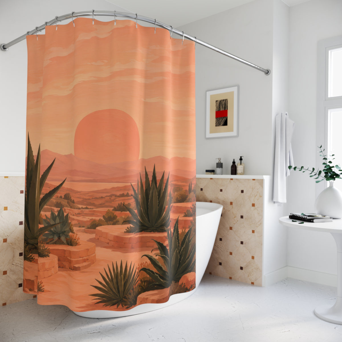 Peachy desert sunset with olive agaves shower curtain beside a freestanding tub