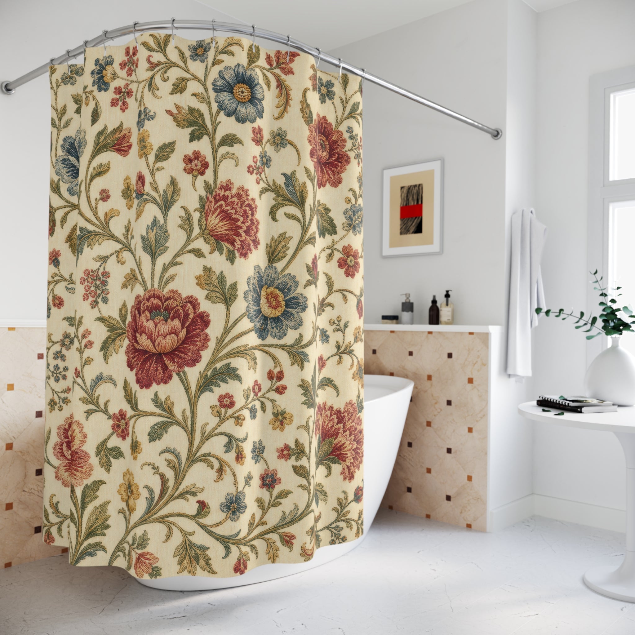 Red Blue Botanical Shower Curtain