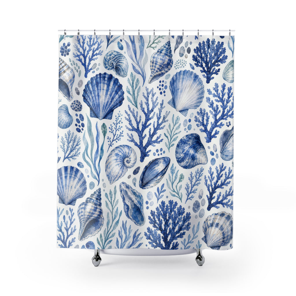 Blue Coastal Shell Shower Curtain, Blue White Coastal Bathroom Decor, Coastal Naturalist Bath Curtain, Guest Bath Decor, Home Decor