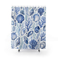 Blue Coastal Shell Shower Curtain, Blue White Coastal Bathroom Decor, Coastal Naturalist Bath Curtain, Guest Bath Decor, Home Decor