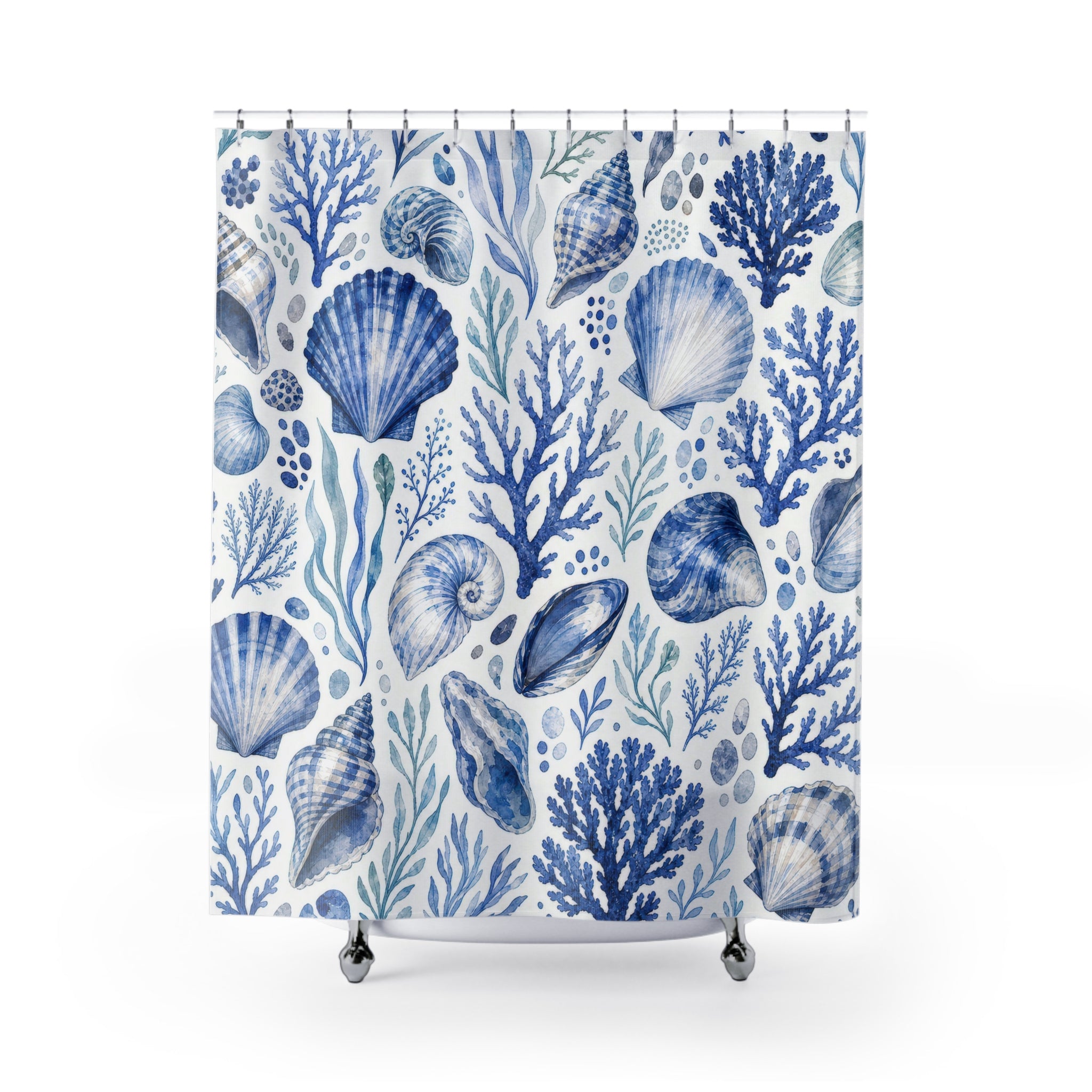 Blue Coastal Shell Shower Curtain, Blue White Coastal Bathroom Decor, Coastal Naturalist Bath Curtain, Guest Bath Decor, Home Decor