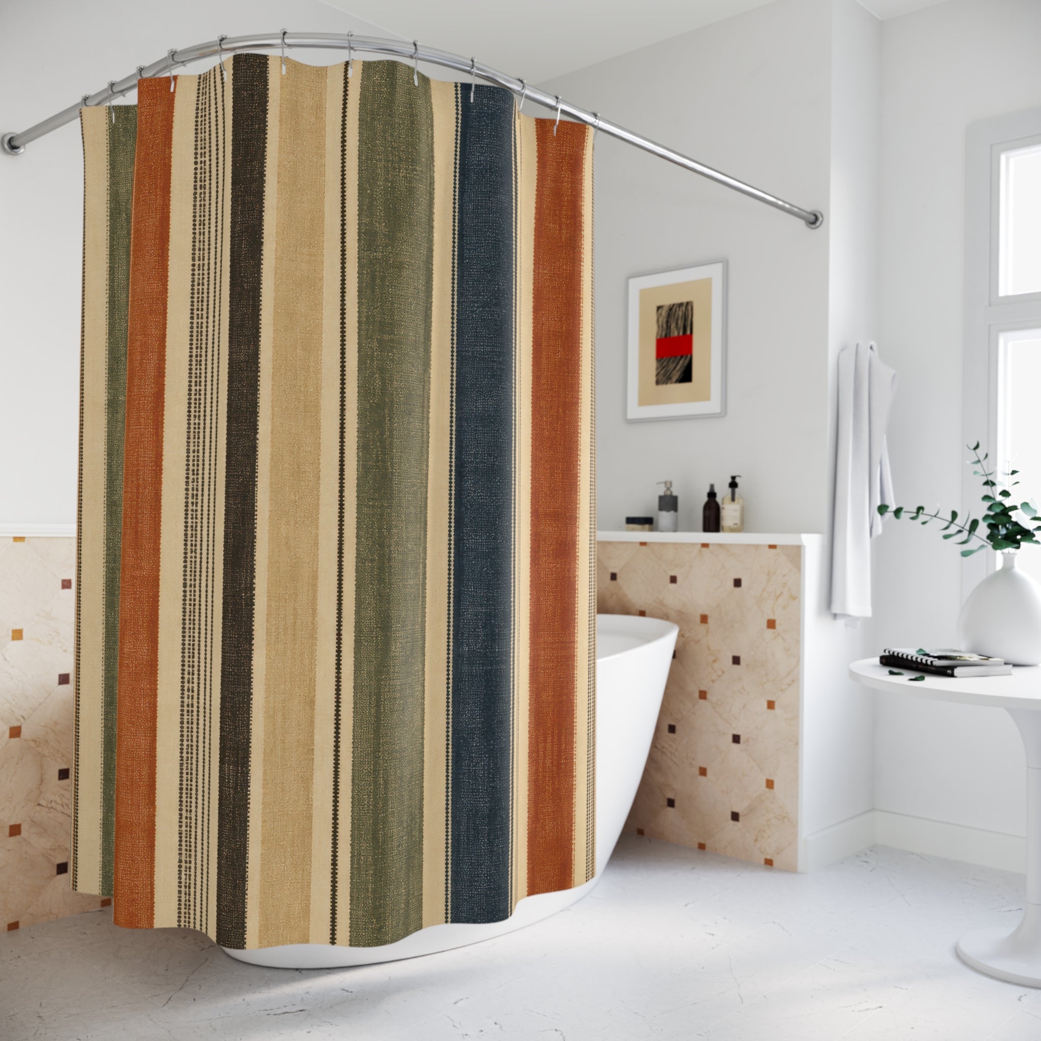 Tan Navy Rust Vintage Stripe Shower Curtain