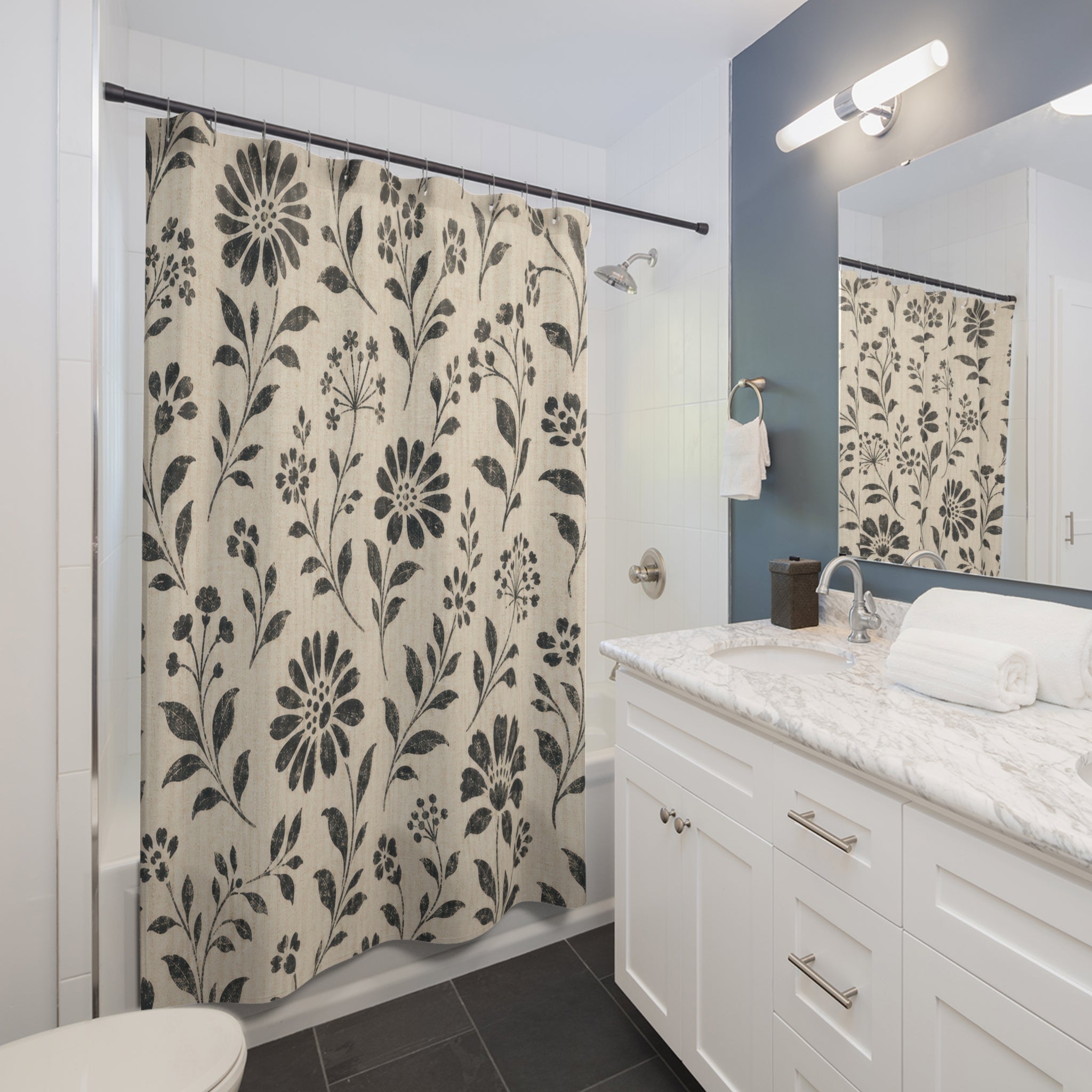 Black Stencil Floral Shower Curtain