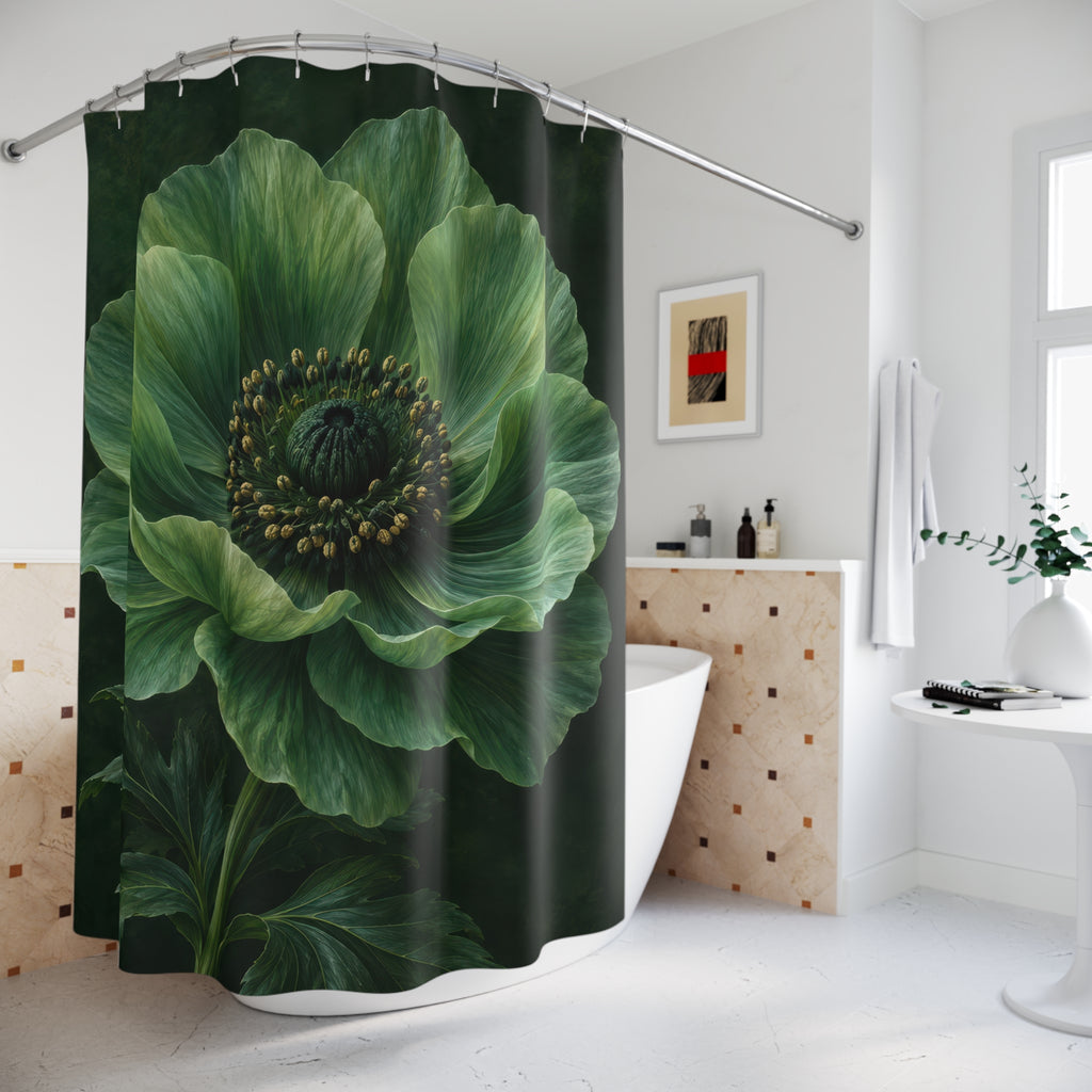 Large jade-green flower with golden stamens on dark green shower curtain beside a freestanding tub