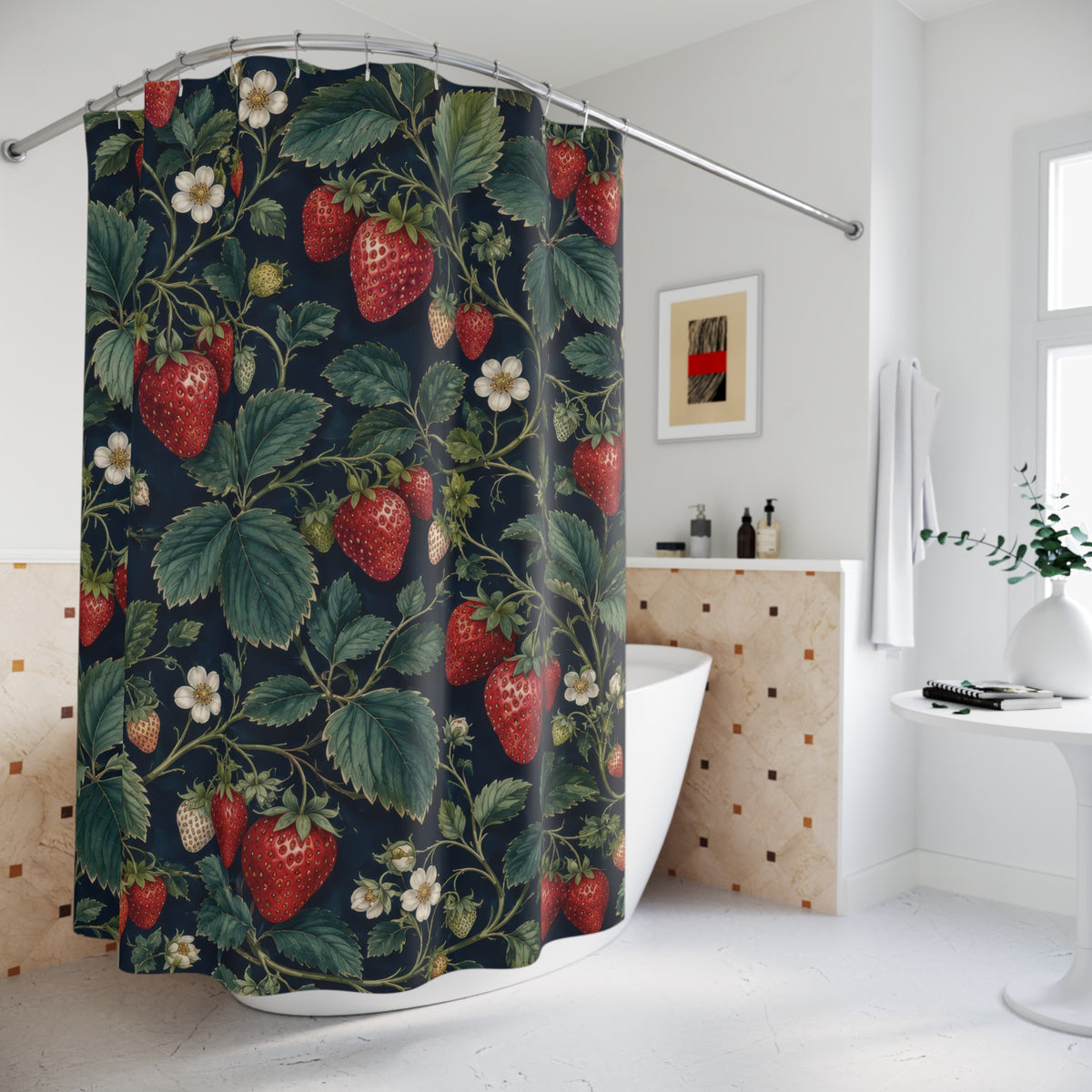 Red strawberry clusters with green leaves on navy shower curtain beside a freestanding tub