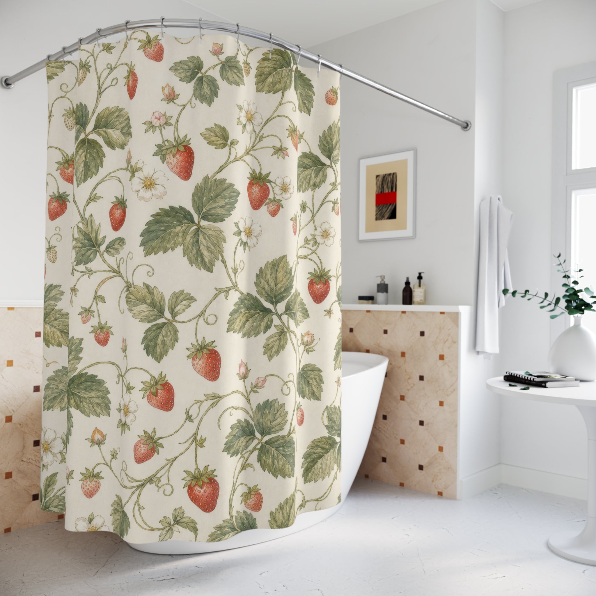 Cottagecore Botanical Strawberry Floral Cottage Beige Shower Curtain