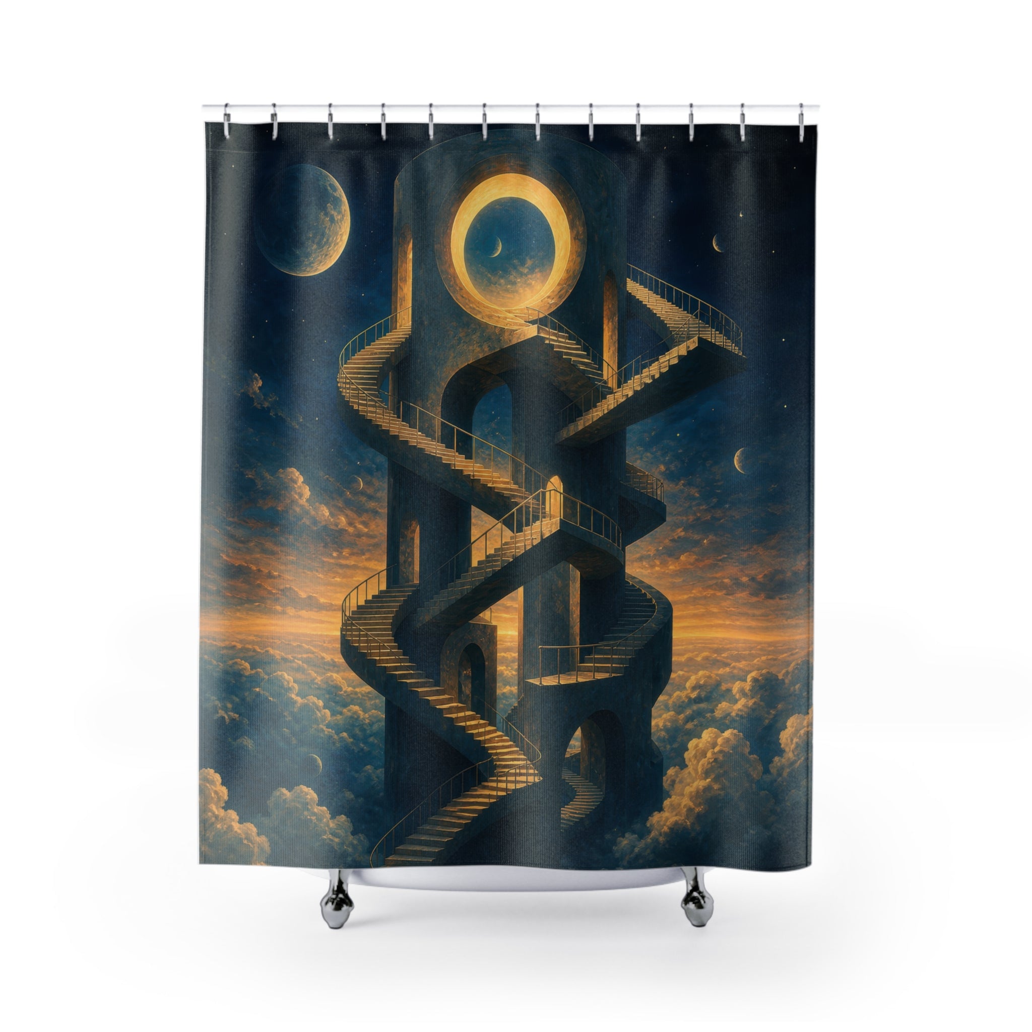Golden staircase in a celestial tower shower curtain with full front view