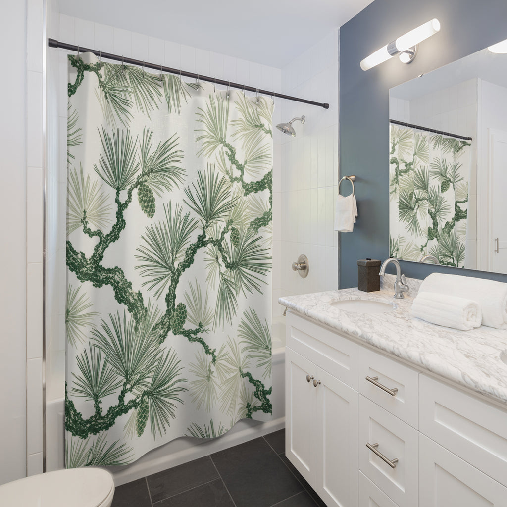 Green White Pine Branch Shower Curtain
