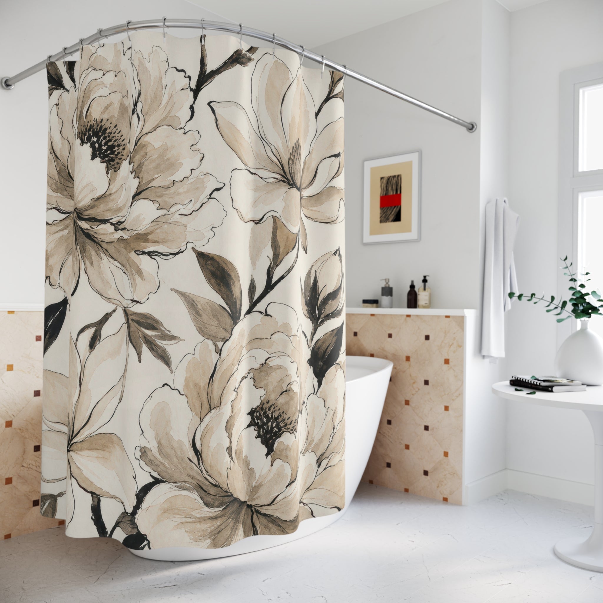 Beige Black Watercolor Flower Shower Curtain