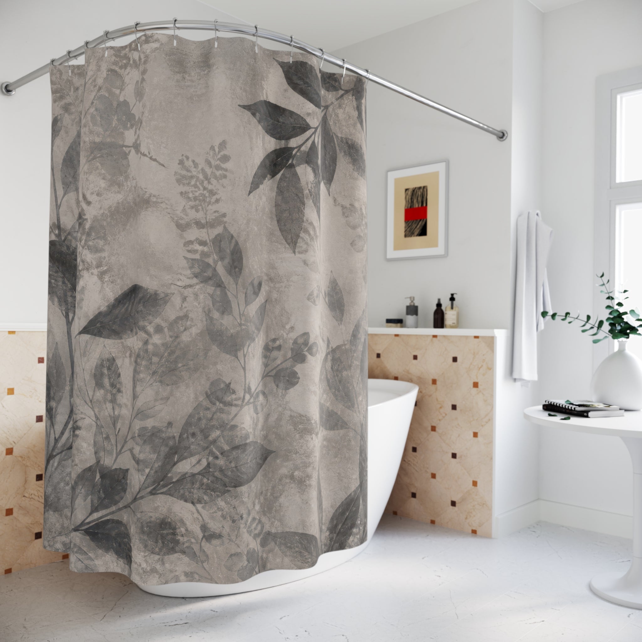 Gray Floral Botanical Beige Black Charcoal Shower Curtain