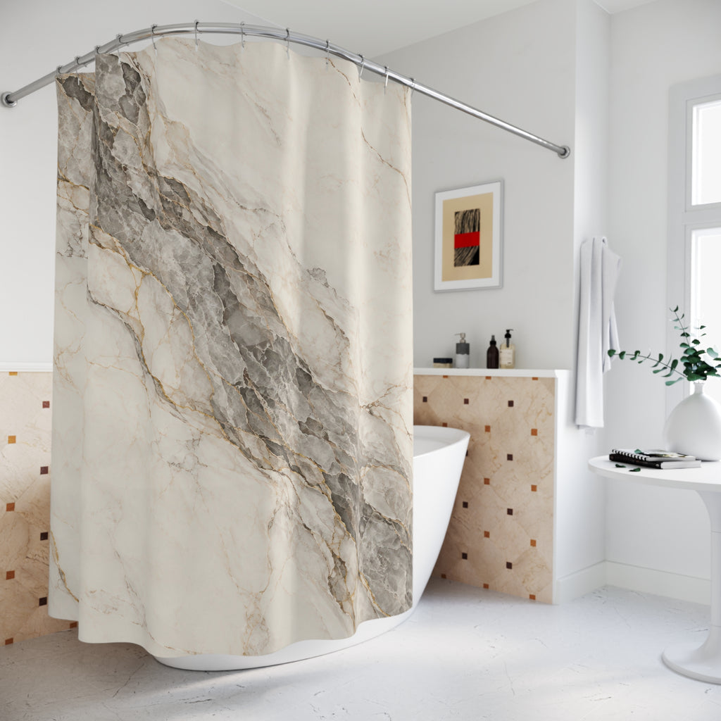 Gray and gold-tone marble veins across warm ivory shower curtain beside a freestanding tub