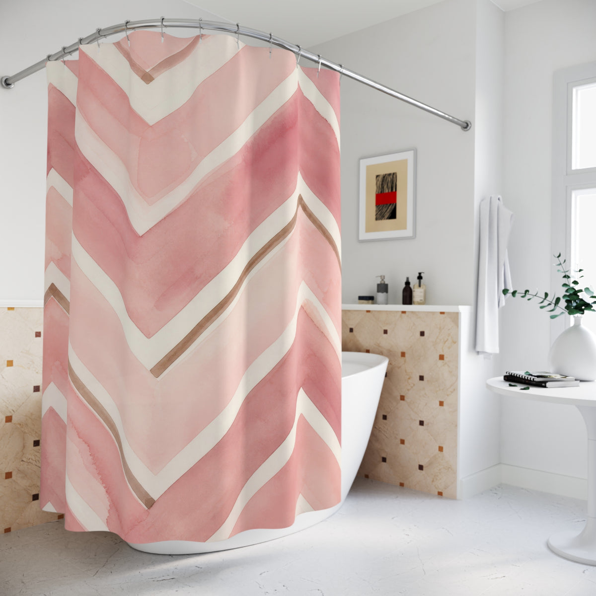 Painted blush pink and ivory chevrons with tan accents shower curtain beside a freestanding tub