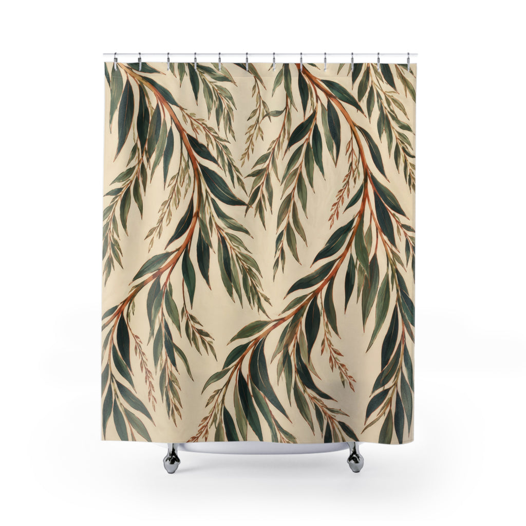 Copper and green weeping willow boughs shower curtain with full front view