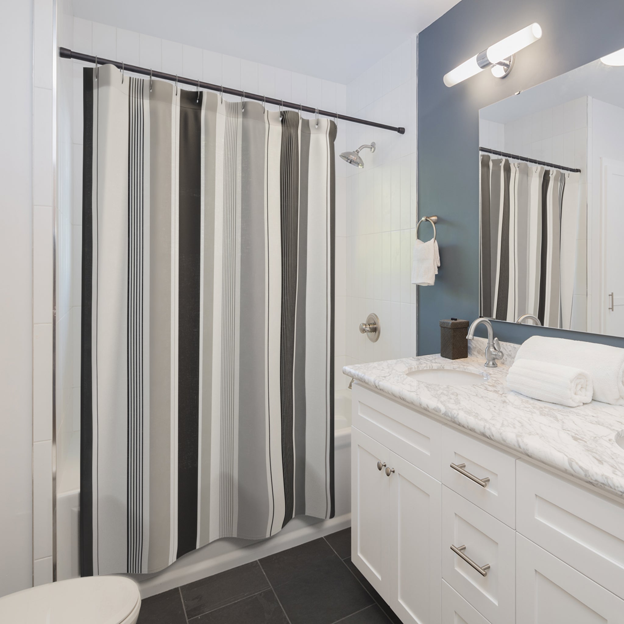 Gray White Minimal Pinstripe Shower Curtain