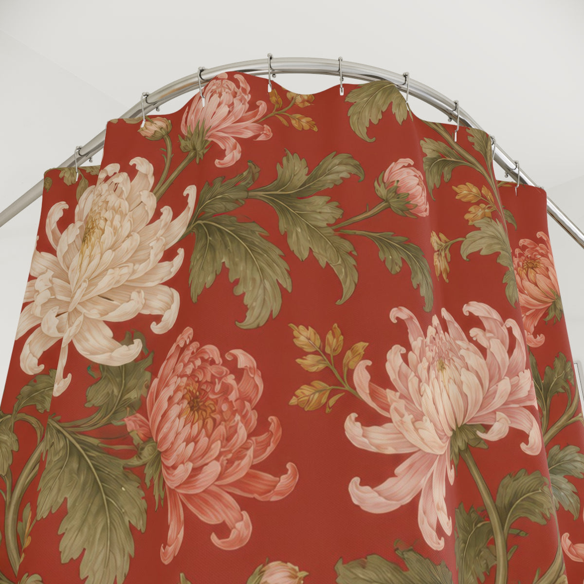 Cream and pink Chinoiserie chrysanthemums on red shower curtain with close-up print, hooks, and folds