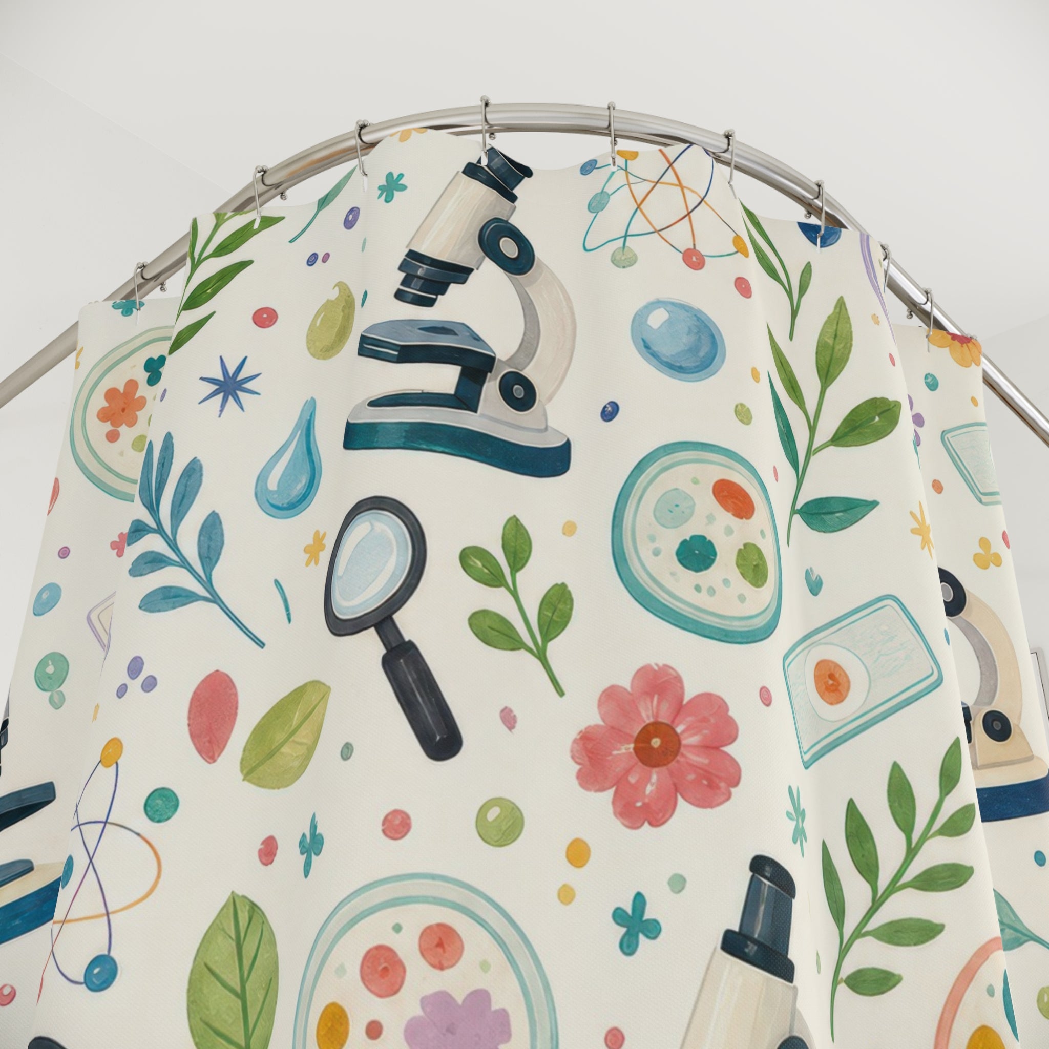 Kids Science Shower Curtain, Microscope Magnifying Glass Pattern, STEM Nature Bathroom Decor, Homeschool Classroom Wall Guest Bath Gift