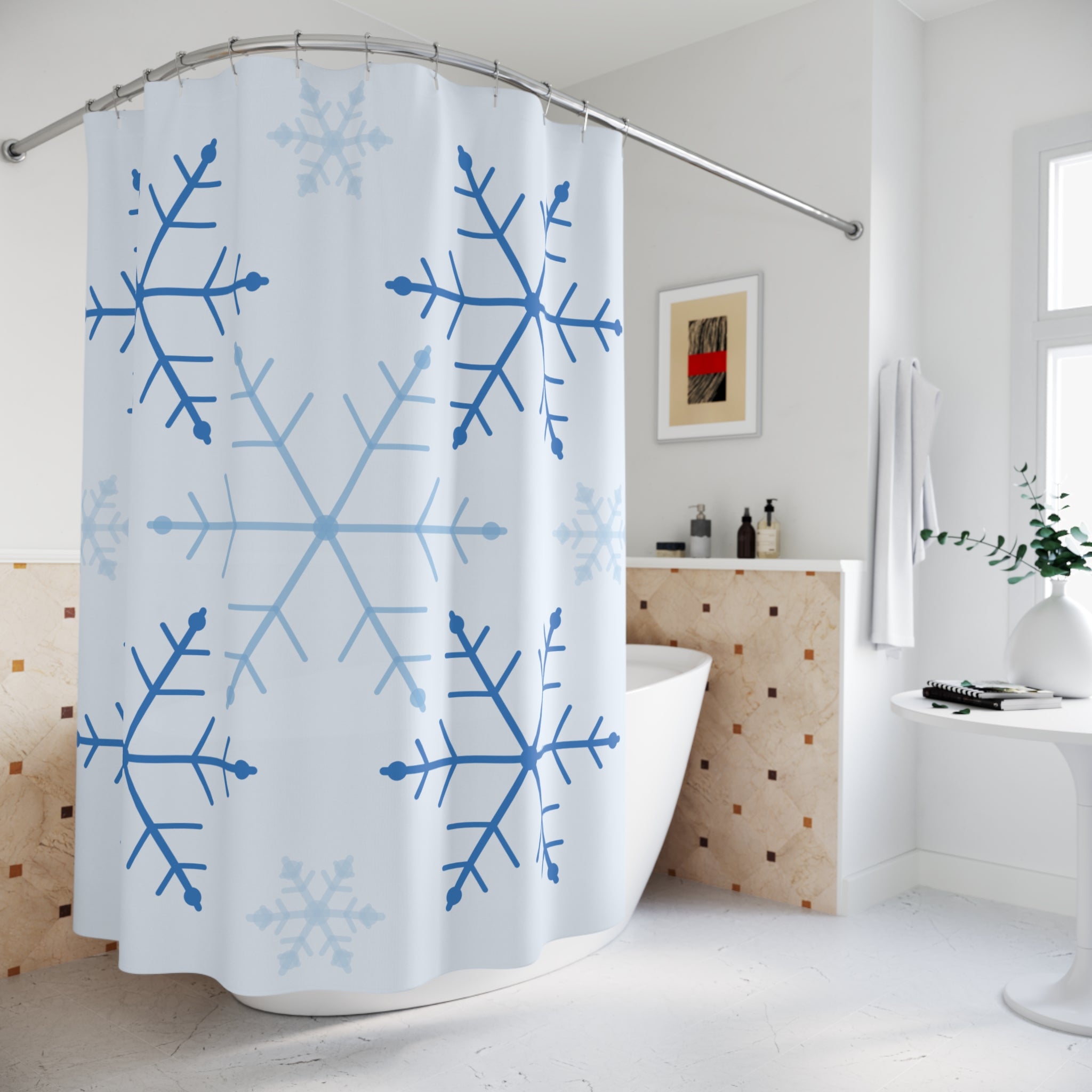 Snowflake Shower Curtain: Blue White Winter