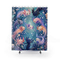 Pastel axolotls swimming in a sparkling aqua and lilac spiral shower curtain, full front view
