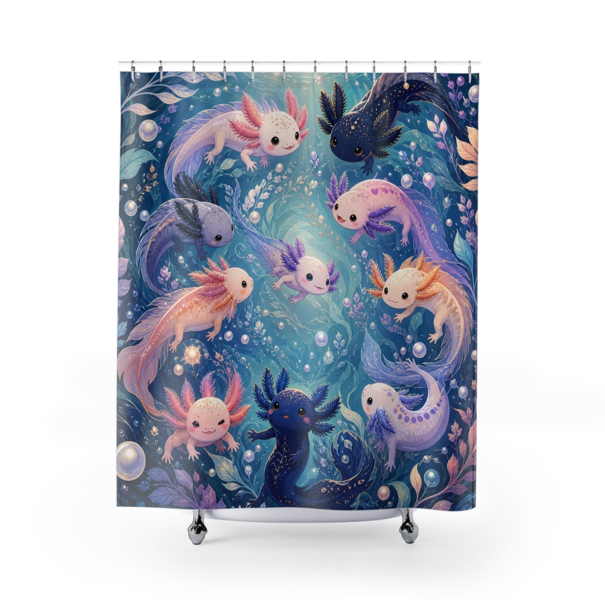 Pastel axolotls swimming in a sparkling aqua and lilac spiral shower curtain, full front view