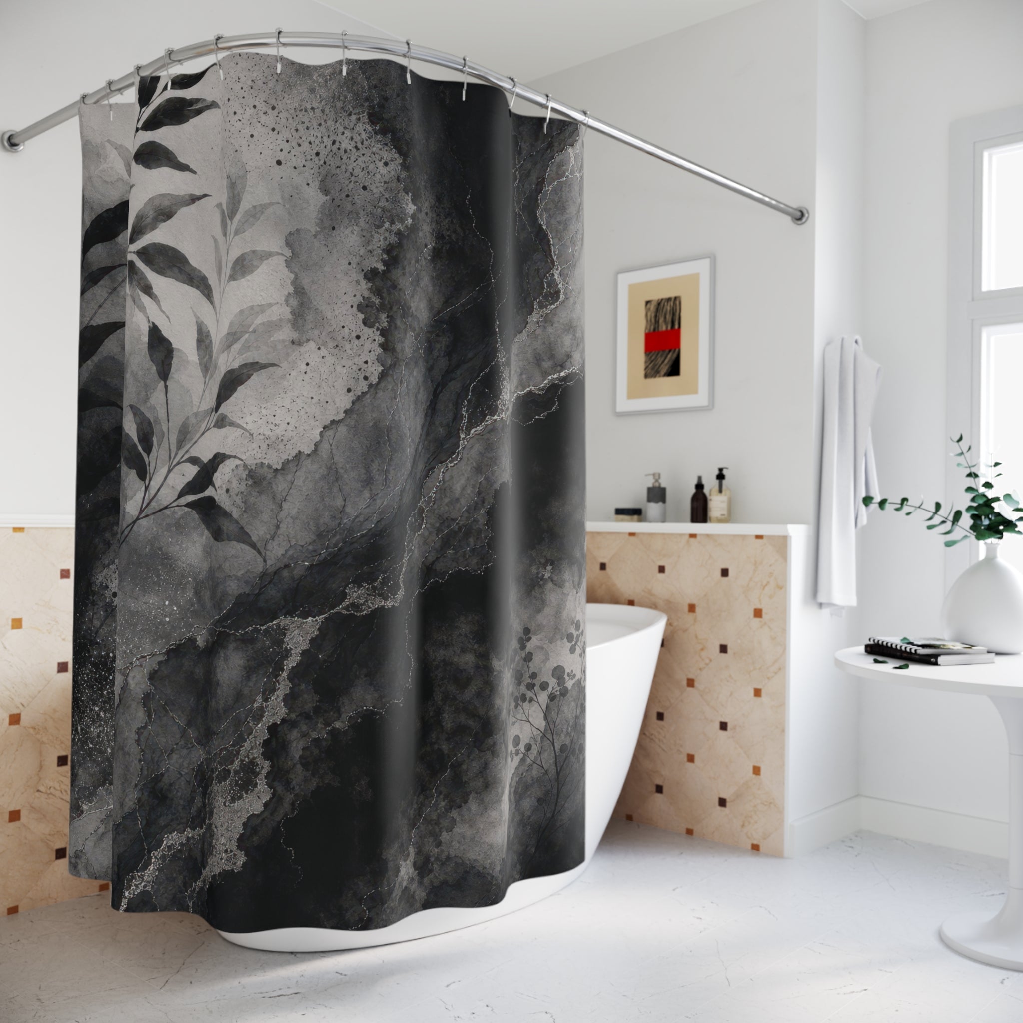 Black and Grey Shower Curtain: Abstract Ink Wash Pattern