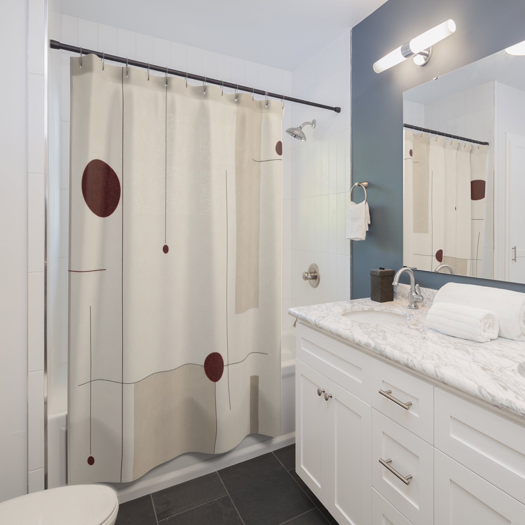 Red Dot Line White Shower Curtain
