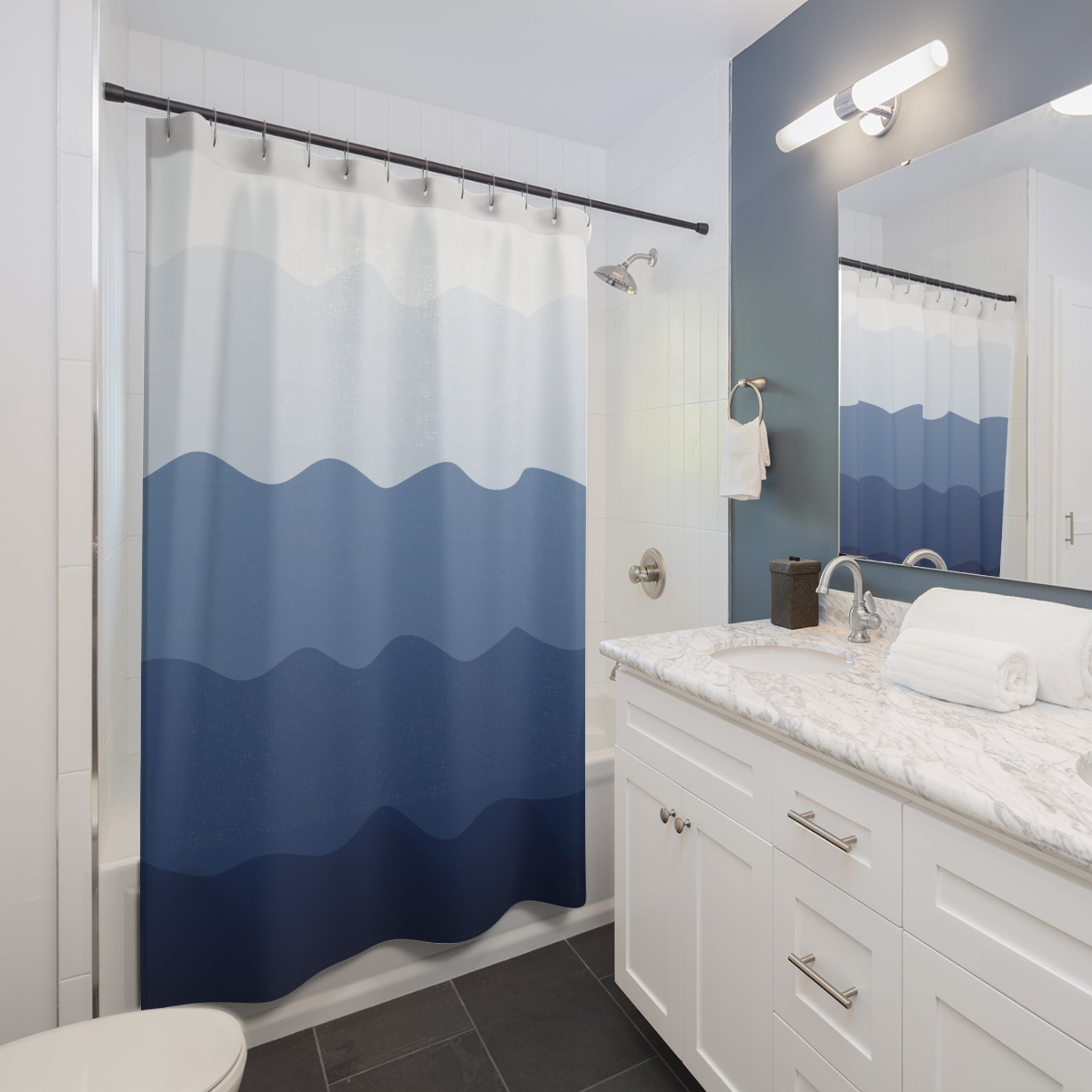 Blue and White Wave Gradient Shower Curtain