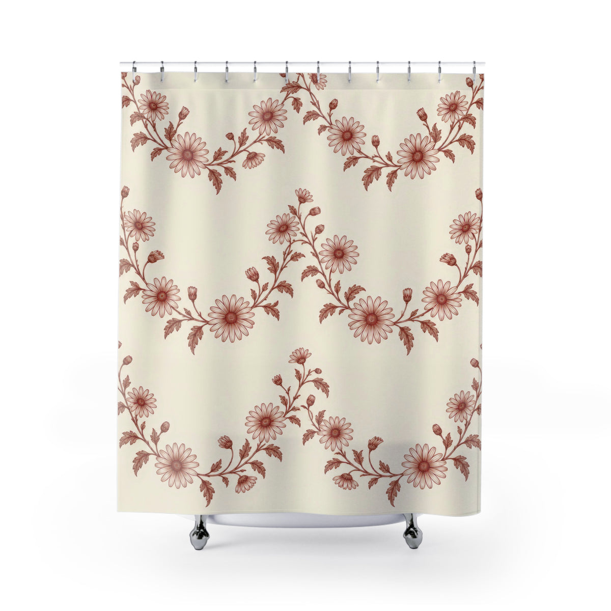 Brick red daisy garlands on ivory shower curtain with full front view