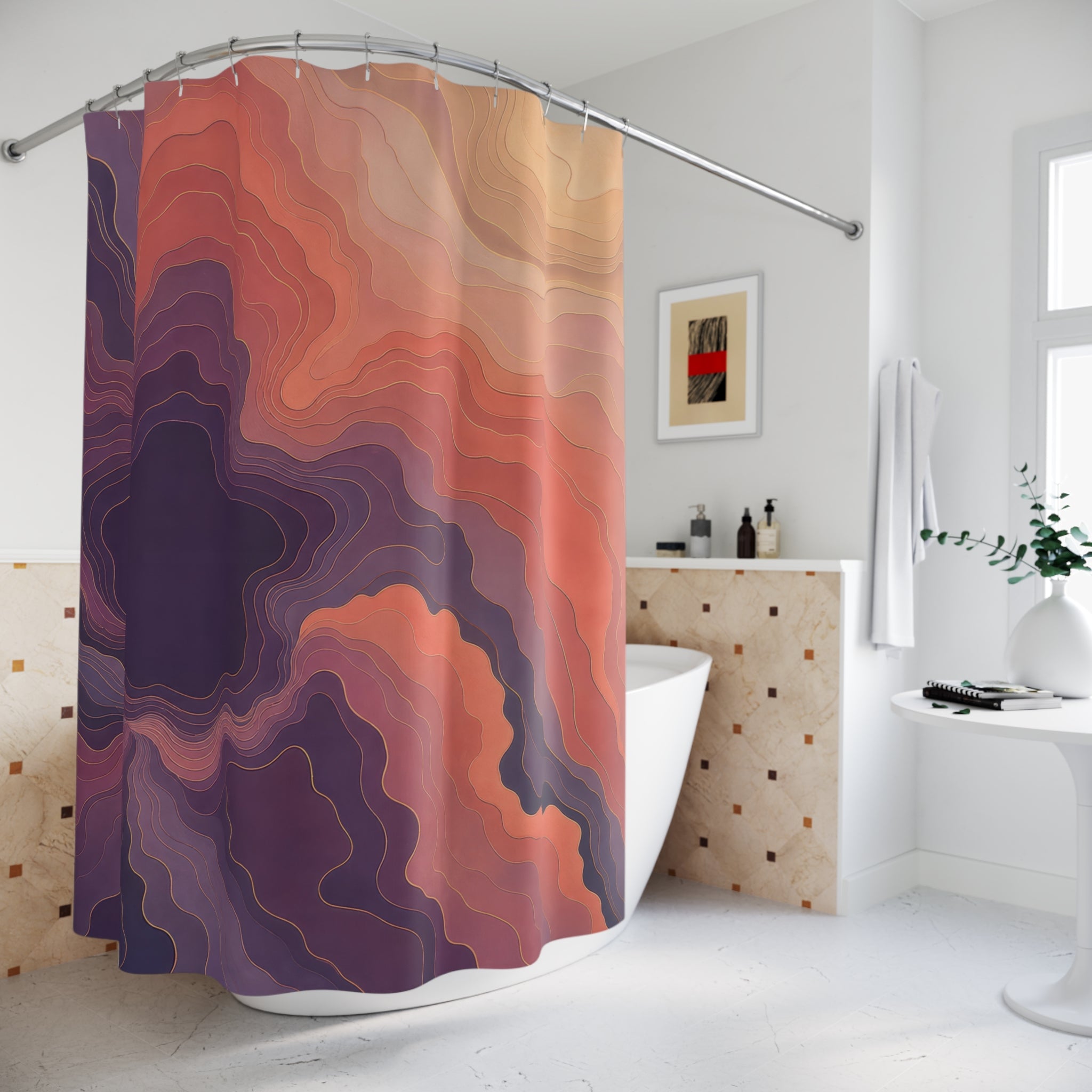 Plum & Coral Abstract Contour Shower Curtain