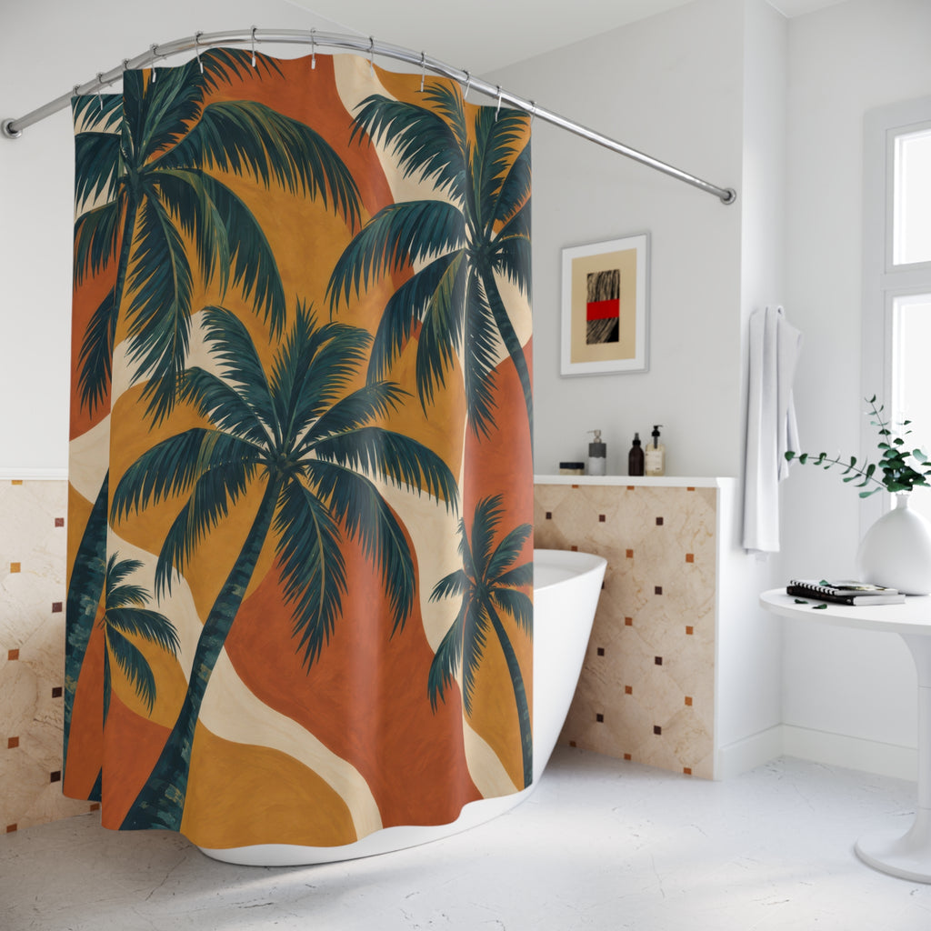 Teal palms over terracotta, ochre and cream color blocks shower curtain beside a freestanding tub