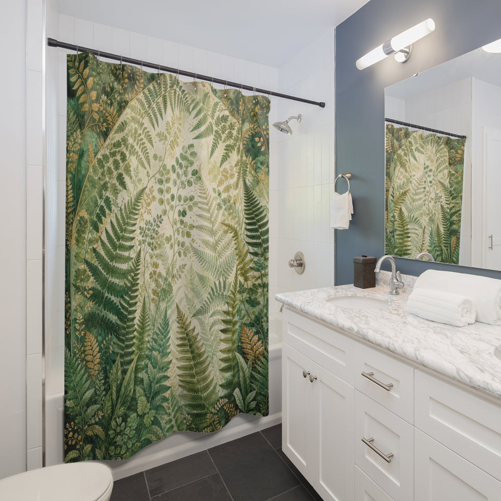 Unique Green Shower Curtain, Fern Arch Botanical Art, Forest Foliage Bathroom Decor, Mossy Green Woodland Guest Bath, Plant Lover Style