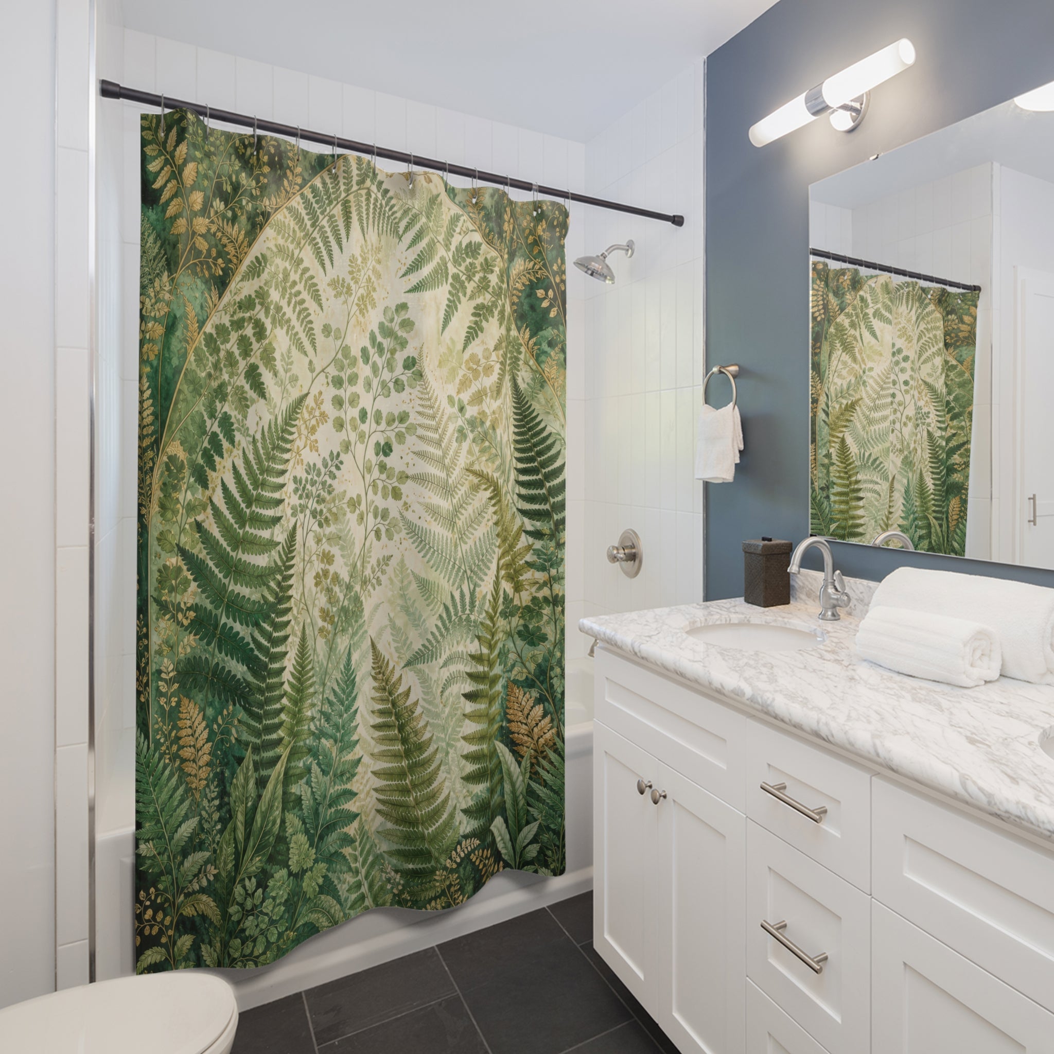 Unique Green Shower Curtain, Fern Arch Botanical Art, Forest Foliage Bathroom Decor, Mossy Green Woodland Guest Bath, Plant Lover Style