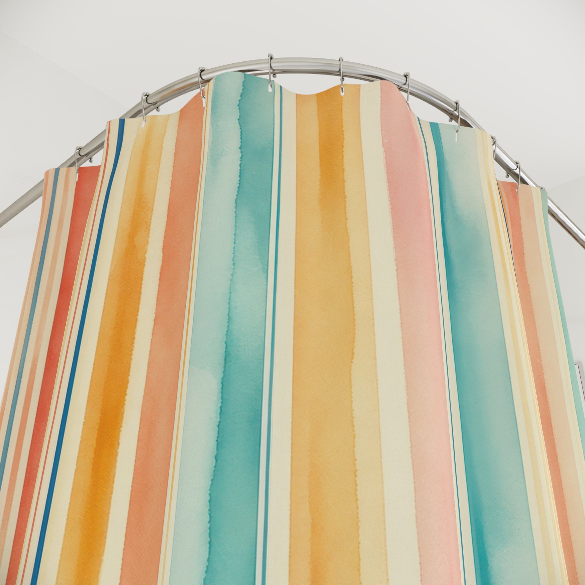 Coral Aqua Watercolor Stripe Shower Curtain