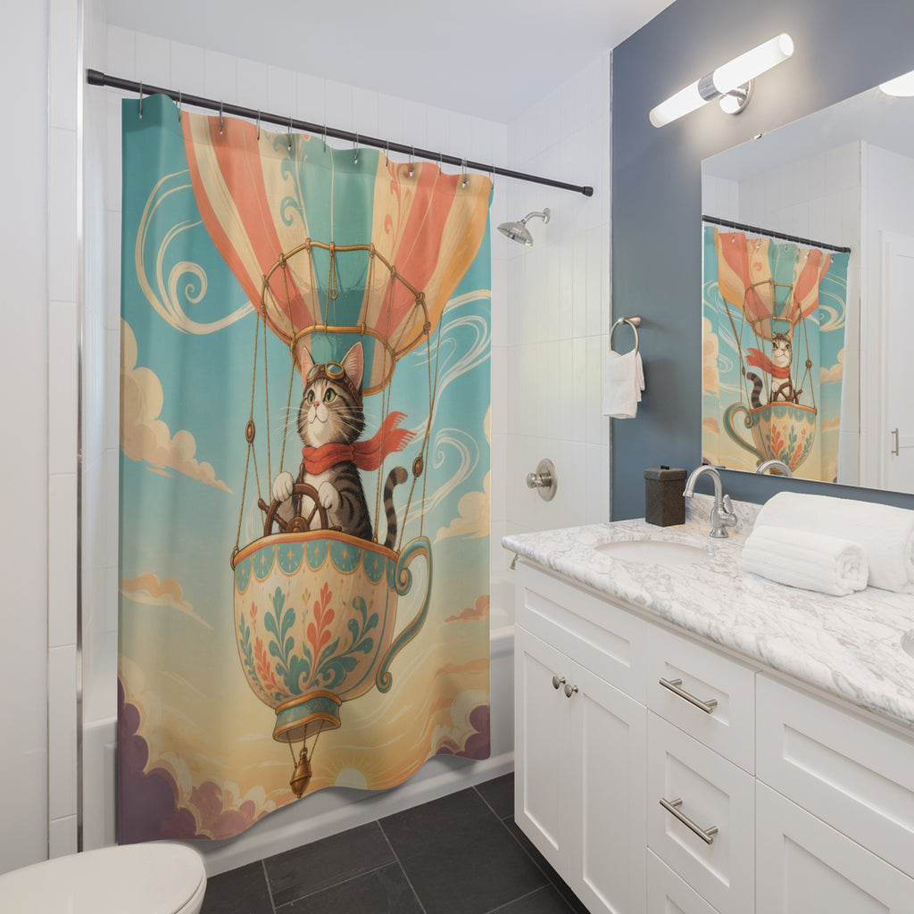 Cat piloting a teacup balloon through pastel clouds shower curtain beside a white vanity
