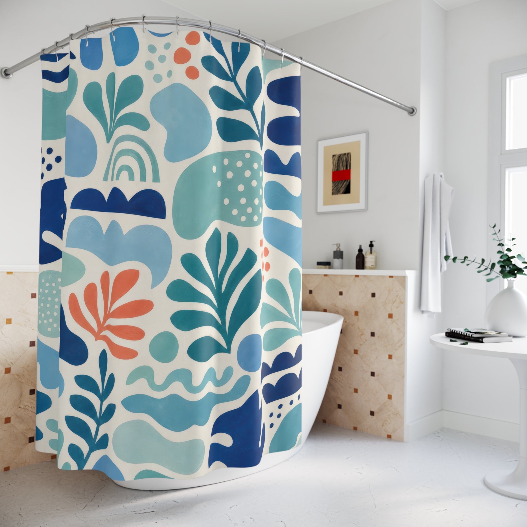 Aqua Navy Leaf Shower Curtain