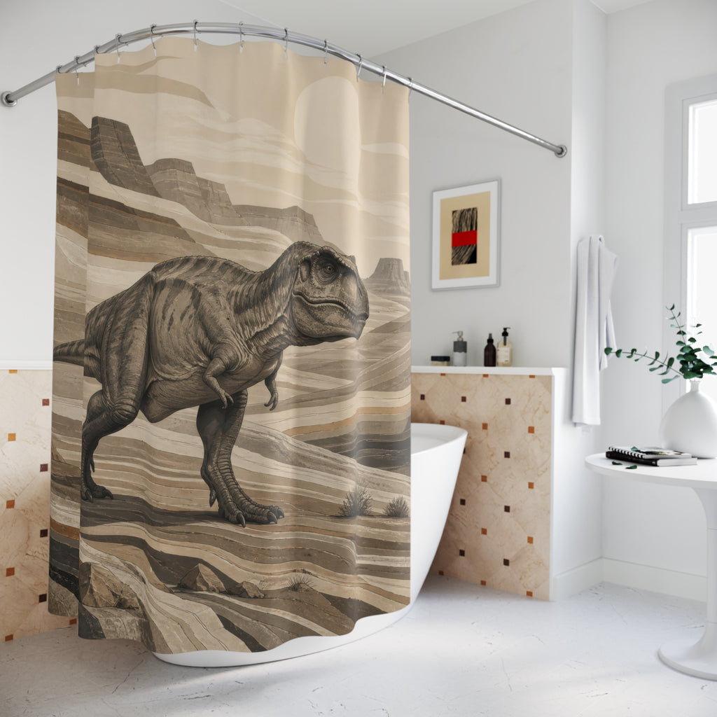 Sepia Tyrannosaurus rex in a layered desert canyon shower curtain beside a freestanding tub