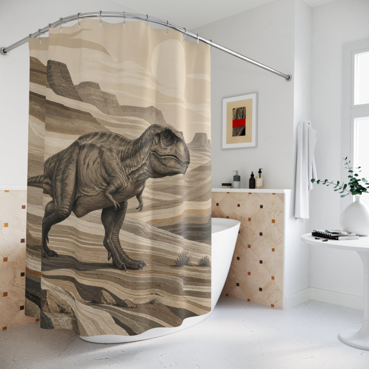Sepia Tyrannosaurus rex in a layered desert canyon shower curtain beside a freestanding tub